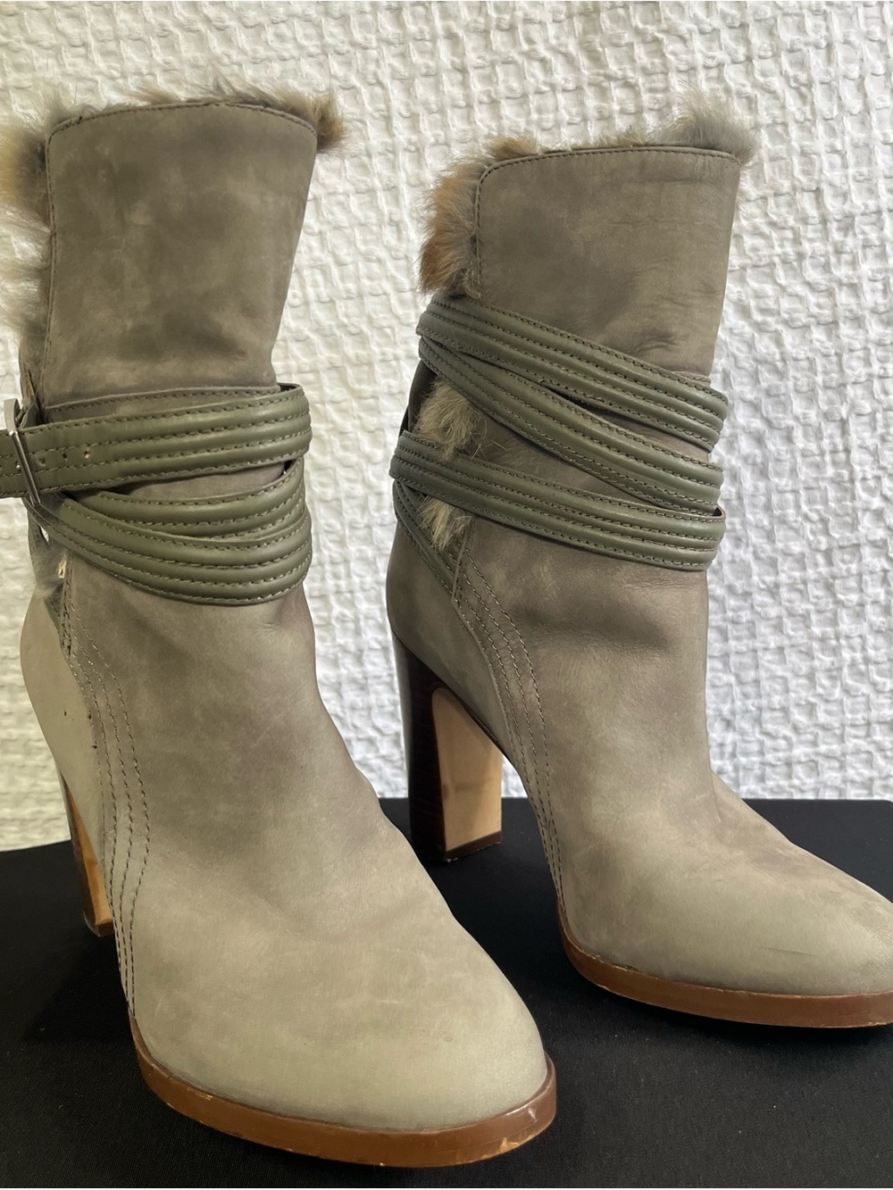 Vince Camuto Taupe Suede Wrap-Detail High-Heel Ankle Boots
